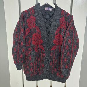 New Wang Kong VTG Rose Floral Grey Red Woman Cardigan Jacket Large Grannycore